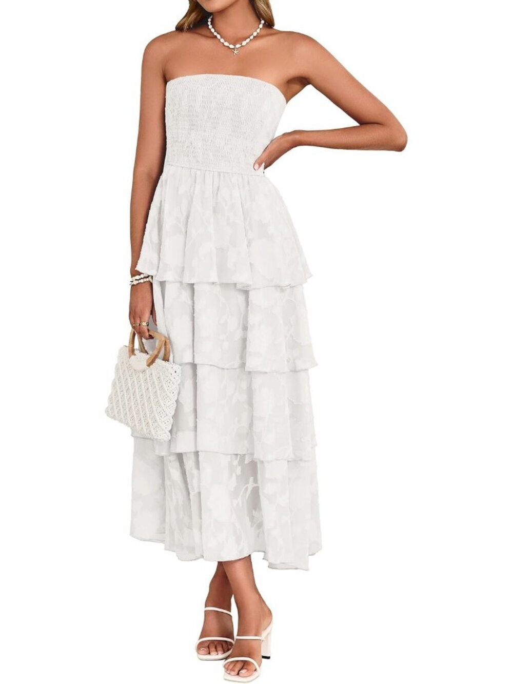 Women's Strapless Maxi Dress Boho Floral Off Shoulder Dress White Beach Sundress